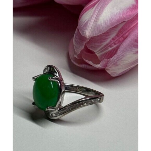 D'Joy 925 STERLING SILVER GREEN NEPHRITE & WHITE BERYL RING SIZE 6.5 - Picture 2 of 9